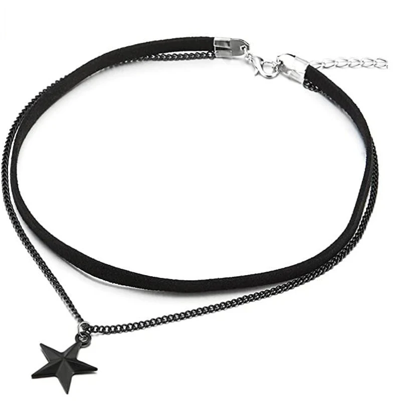 Top Trends: Ladies Womens Two-Rows Black Choker Necklace With Black Chain And Pentagram Star Charm Pendant Multilayer Collar Necklace Shoppable Styles