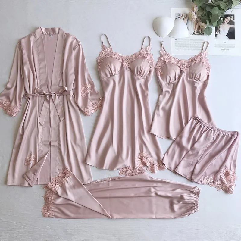 Top Trends: Sexy Women Lace Home Wear Sleep Set Casual Satin Gray Sleepwear Home Clothing Silky Solid Suit Nightgown Sleepwear Shoppable Styles