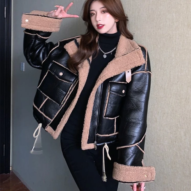 Top Trends: Korean Lamb Fur Loose Short Fur PU Leather Tooling Cotton Jacket Warm Parkas Black Women's Sheepskin Coat Wholesale дубленка New Shoppable Styles