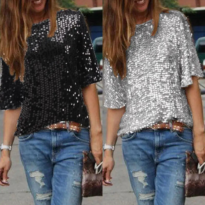 Top Trends: Summer Explosion Sequined T-shirt Womens Half Sleevele Glitter Solid Loose Tops Pullover Tops Ladies T Shirts Shoppable Styles