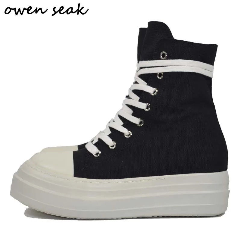 Top Trends: Owen Seak Women High-TOP Sneakers Canvas Shoes Luxury Trainers Platform Boots Lace Up Casual Height Increasing Zip Black PU Shoe Shoppable Styles