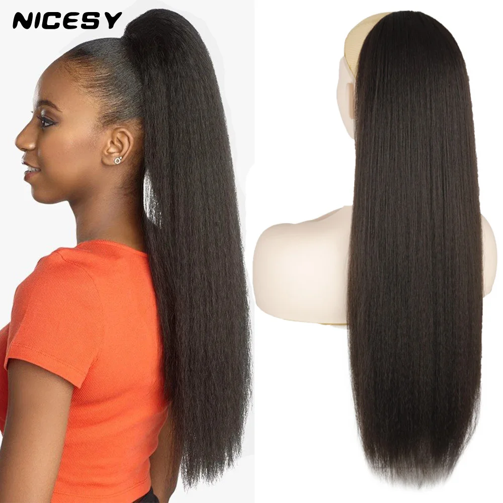 Top Trends: NICESY Synthetic Kinky Straight Long 24 Inch Drawstring Ponytail Hair Extension Clip Hairpieces Yaki With Elastic Band Comb Shoppable Styles