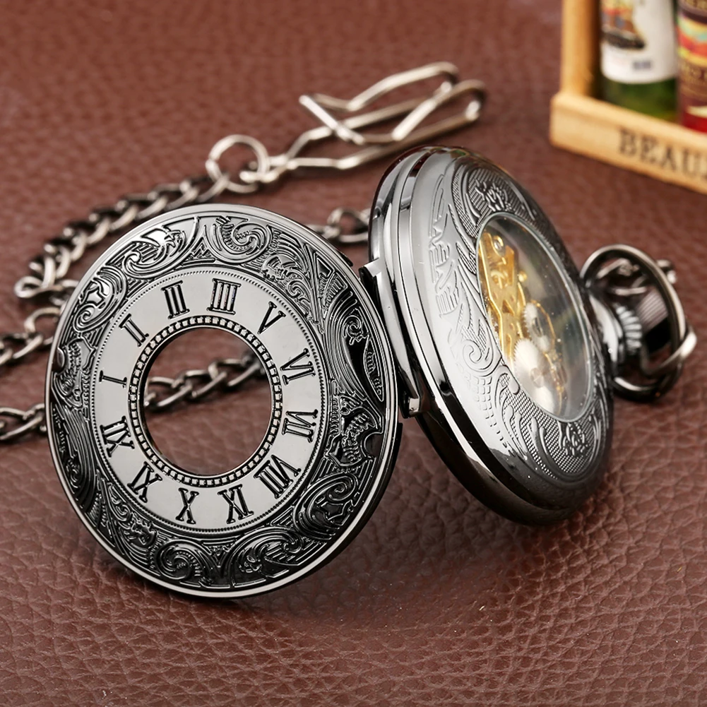 Top Trends: Classic Black Roman Numerals Carve Manual Mechanical Pocket Watch Retro Pendant Hand Winding Luxury Pocket Timepiece Gifts Male Shoppable Styles - Image 4