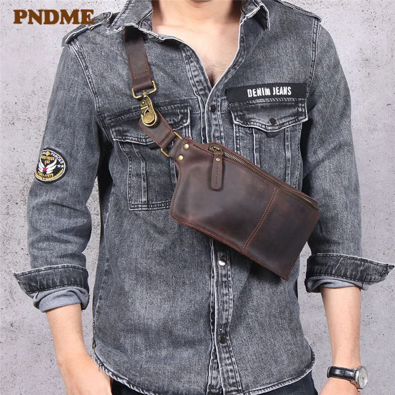 Top Trends: PNDME Retro Multifunctional Genuine Leather Men&#039;s Chest Bag Crazy Horse Cowhide Waist Pack Sports Small Shoulder Messenger Bags Shoppable Styles