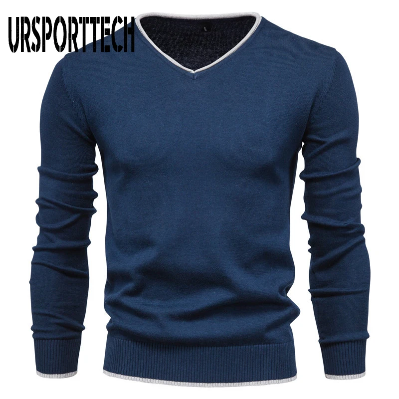 Top Trends: 100% Cotton Men&#039;s Sweater Pullover V Neck Solid Color Long Sleeve Autumn Slim Fit Sweaters Men Casual Pull Men Clothing 2020 New Shoppable Styles