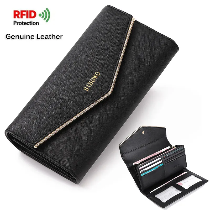 Top Trends: Fashion Luxury Design Genuine Leather Wallet For Woman RFID Blocking Trifold Long Cluth Multi Card Holder Organizer Ladies Purse Shoppable Styles