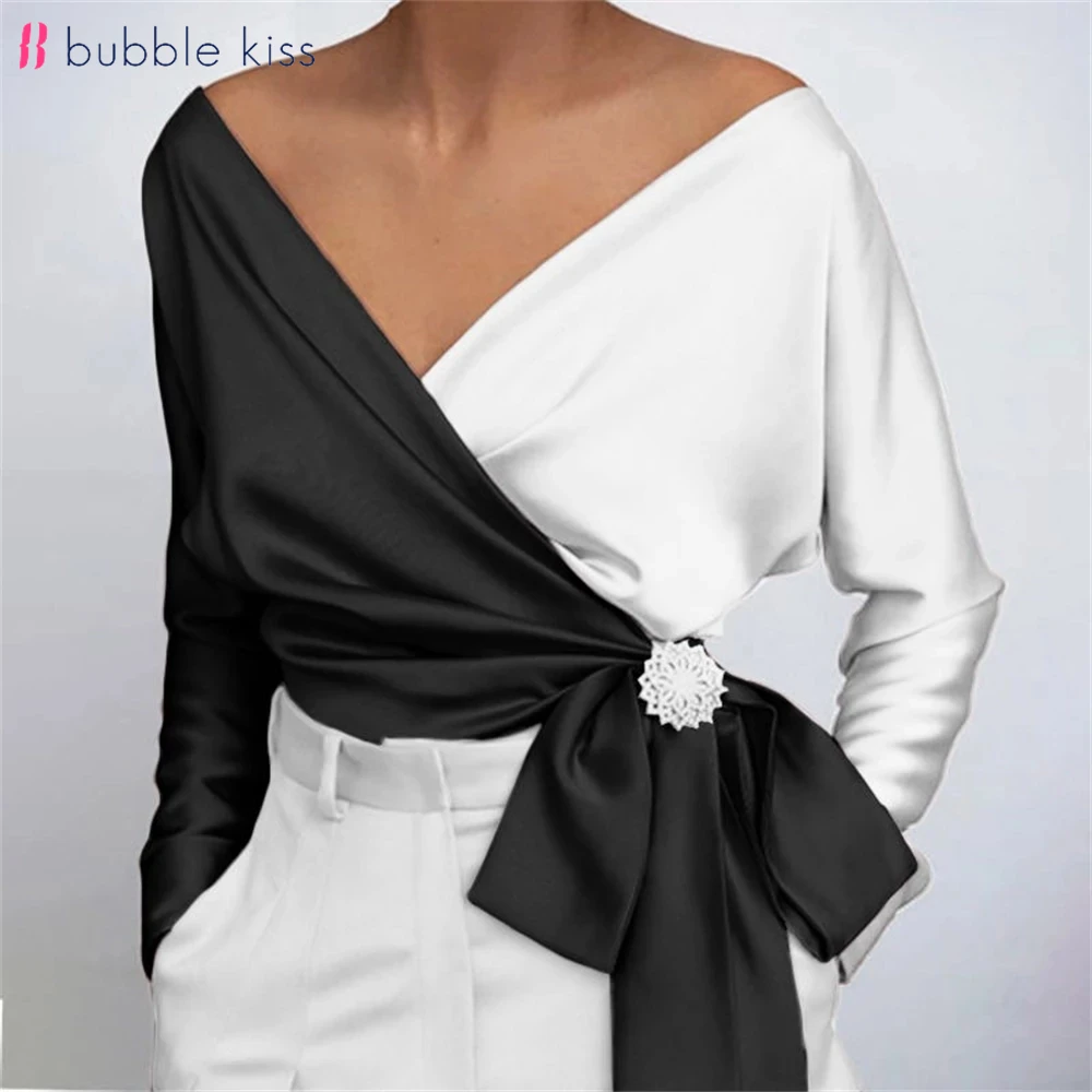 Top Trends: BubbleKiss Satin Blouse Women Fashion Patchwork Print Blouses Sexy Deep V Neck Long Sleeve Belted Tops Elegant Female Shirts Shoppable Styles - Image 5