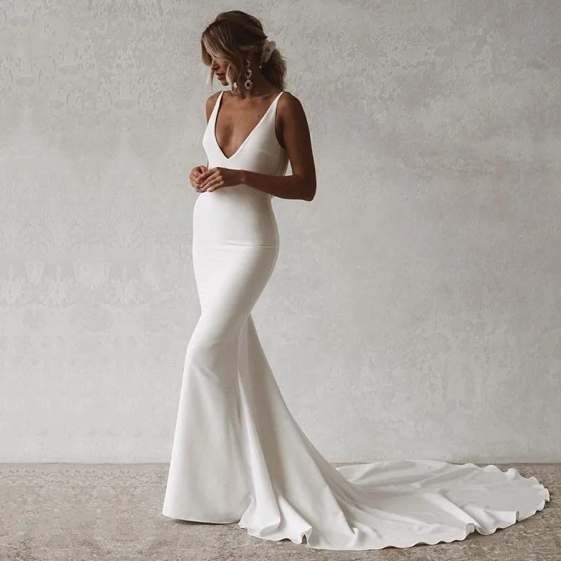 Top Trends: Sexy Mermaid Wedding Dress V-Neck Open Back Boho Wedding Gown Simple Plain Long Train Buttons Beach Bridal Dress Robe De Mariee Shoppable Styles