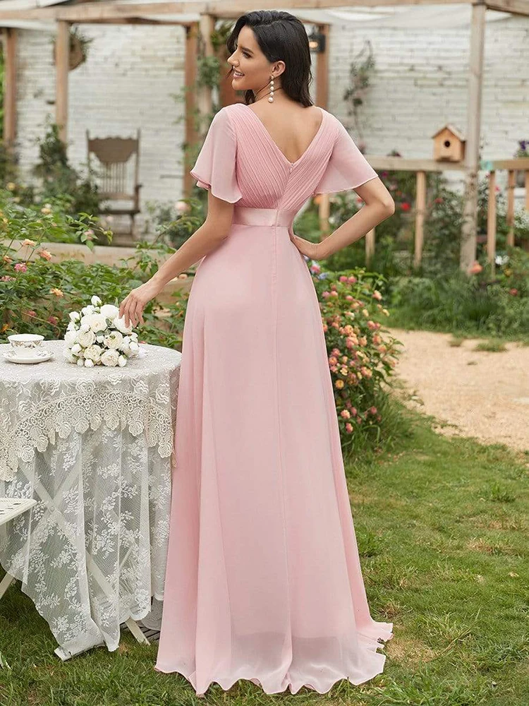 Top Trends: Women Pink Bridesmaid Dresses Long Elegant A Line Double V Neck Ruffles Chiffon Formal Wedding Party Dress New Long Prom Dress Shoppable Styles - Image 3