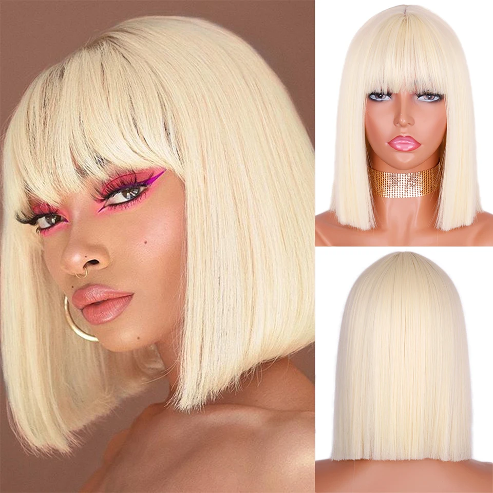 Top Trends: Synthetic Blonde Wig With Bangs Short Wigs For Women Golden Wig Straight Bob Wig Natural Heat Resistant Wigs 11 Inches For Party Shoppable Styles