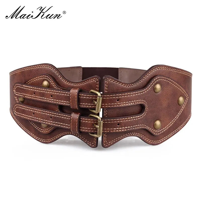 Top Trends: Maikun Belt Crazy Horse Leather Double Pin Buckle Women&#039;s Elastic Wide Belt All-match Women&#039;s Coat Girdle Shoppable Styles