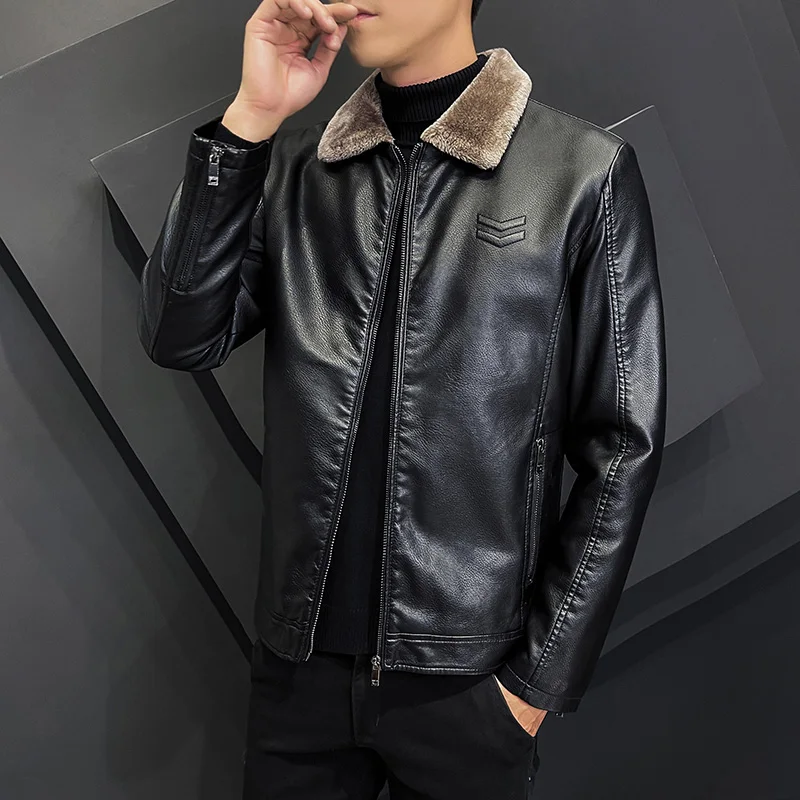 Top Trends: Korean Latest Fleece Fur Leather Jacket Men Winter Fashion Laple Zipper Straight Hem Formal Casual Coats Bomber Leather Jacket Shoppable Styles - Image 4