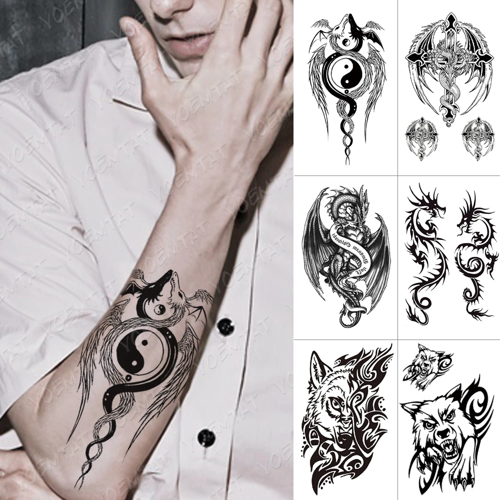 Top Trends: Waterproof Temporary Tattoo Sticker Yin Yang Dragon Feather Wings Flash Tattoos Wolf Totem Body Art Arm Fake Tatoo Men Shoppable Styles