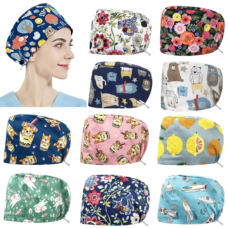 Top Trends: Multi-purpose Cartoon Animal Fruit Print Adjustable Nurse Cap Unisex Medical Dentist Working Hair Hat Shoppable Styles