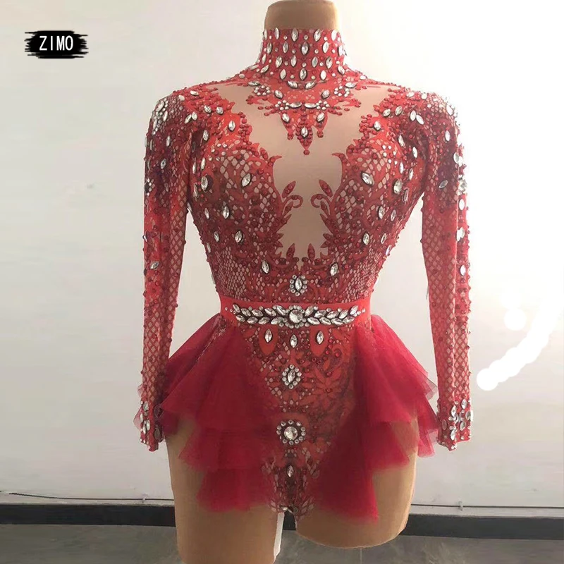 Top Trends: Fashion Rhinestone Pink Red Ruffle Bodysuit Women Big Stretch Nightclub Prom Bar Concert Costume Stage Singer Show Dance Leotard Shoppable Styles