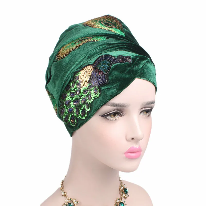 Top Trends: Velvet Hijab Head Scarf For Women Sequins Peacock Turban Hat Muslim Headscarf Ladies African Wrap Head Scarves Turbante Shoppable Styles