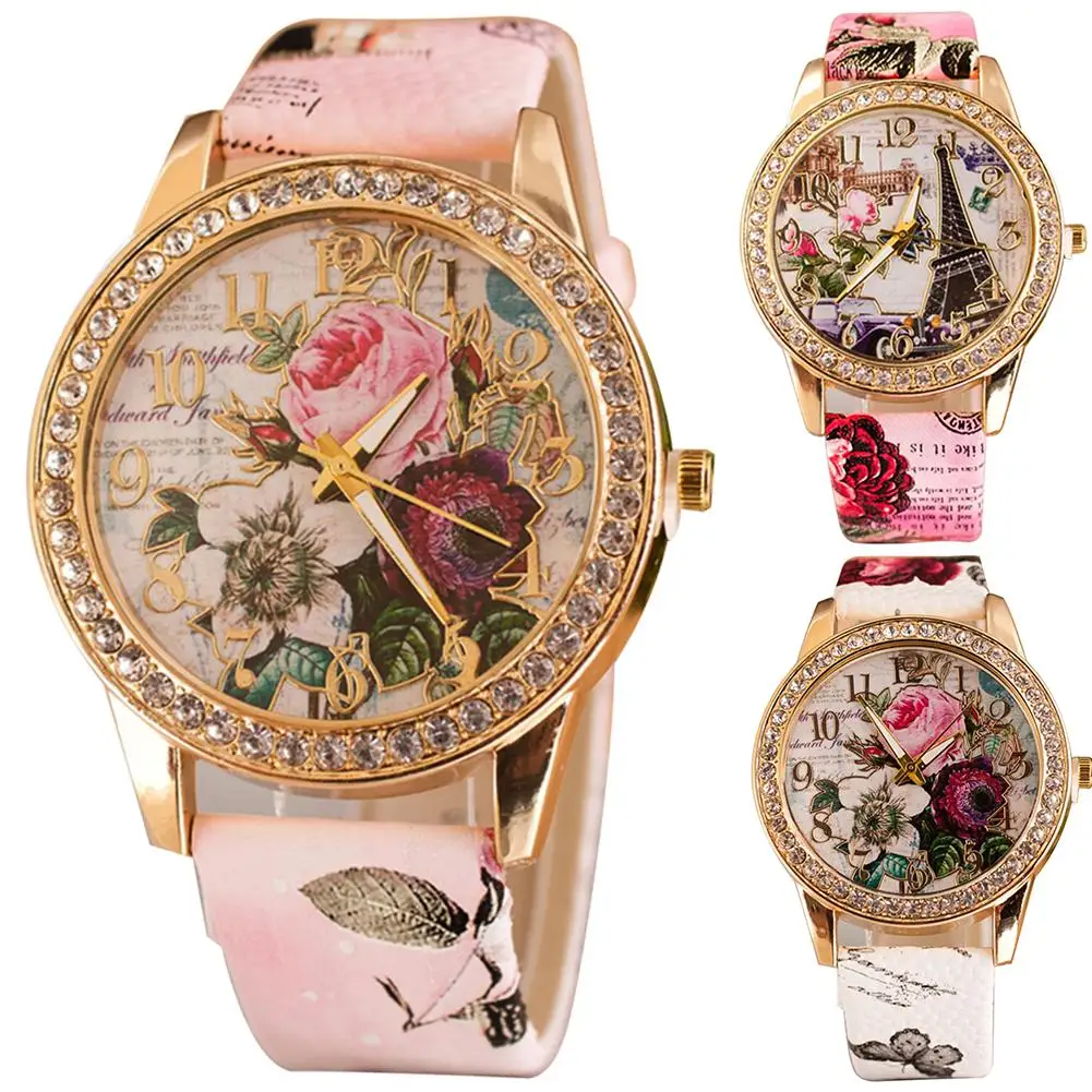 Top Trends: HOT SALES Women Rhinestone Inlaid Flower Round Dial Faux Leather Band Quartz Wrist Watch Fashion Quartz Wrist Watch Women Shoppable Styles