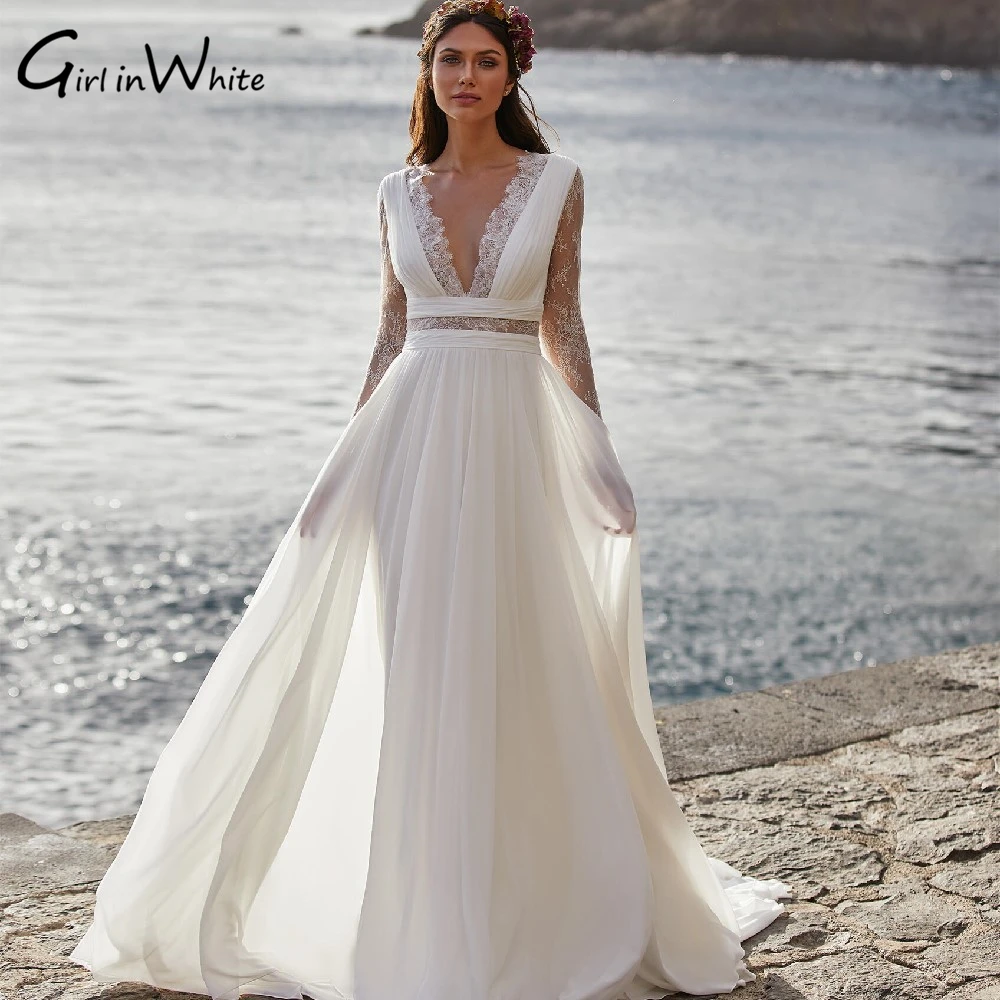 Top Trends: Bohemian Lace A-Line Wedding Dresses Long Sleeves Bride Robes V-Neck Chiffon Bridal Gowns Illusion Waistline Vestidos De Novia Shoppable Styles