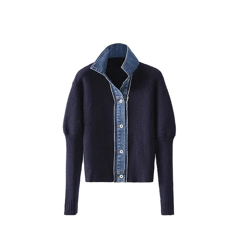 Top Trends: Korean Fashion Sweater Jacket Spring Autumn Denim Patchwork Knitted Cardigan Turn-Down Collar Single Breasted Vingtage Knit Coat Shoppable Styles