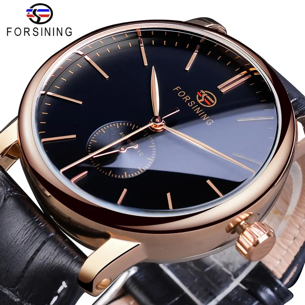 Top Trends: Forsining Simple Men Mechanical Watch Automatic Sub Dial Black Ultra-thin Analog Genuine Leather Band Wristwatch Horloge Mannen Shoppable Styles