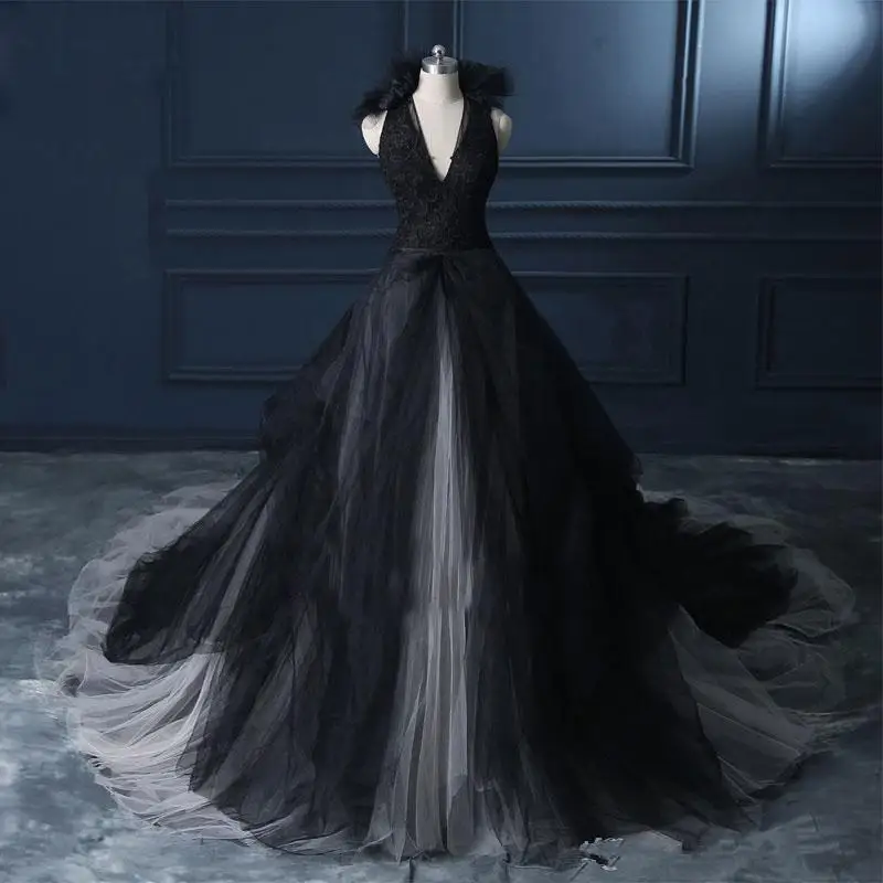 Top Trends: Vintage Black And White Tulle Wedding Dress Gothic Halter Backless Long Bridal Gowns Sleeveless Country Robe De Mariée 2023 Shoppable Styles