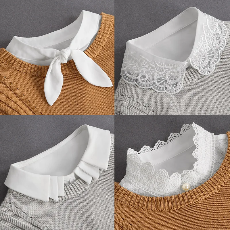 Top Trends: Front Tie White Fake Collar Stand Beads Detachable Collar Fake Women Vintage Crystal Lace Ladies False Blouse Collar Half Shirt Shoppable Styles