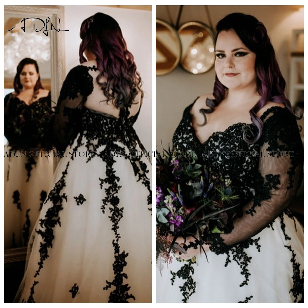 Top Trends: Black And White Wedding Dress Plus Size Bridal Gowns Custom Made Long Sleeves Lace A-line Bride Dresses Vestido De Novia Shoppable Styles