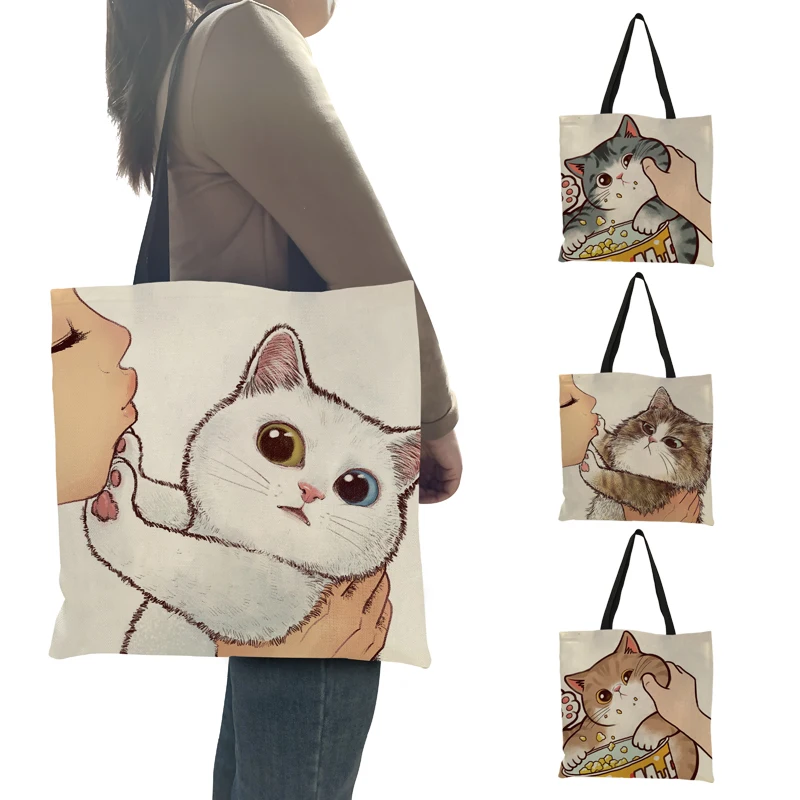 Top Trends: Kissing Cat Print Leisure Tote Bag Women Ladies Reusable Shopping Bag Outdoor Beach Bag Totes Teenager Girls School Bookbag Shoppable Styles