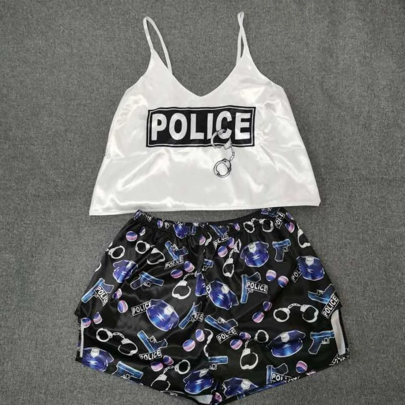 Top Trends: Police Print Pajama Sets Pattern Women Pyjamas Sexy Sleepwear Female Summer Night Wear Strap Sleeveless Home Suit Shoppable Styles