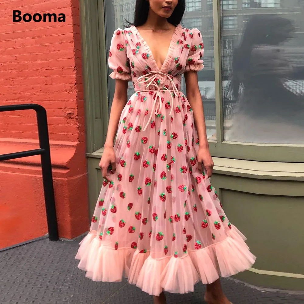 Top Trends: Booma Pink Strawberry Midi Prom Dresses V-Neck Short Sleeves A-Line Wedding Party Dresses Tea-Length Glitter Tulle Prom Gowns Shoppable Styles