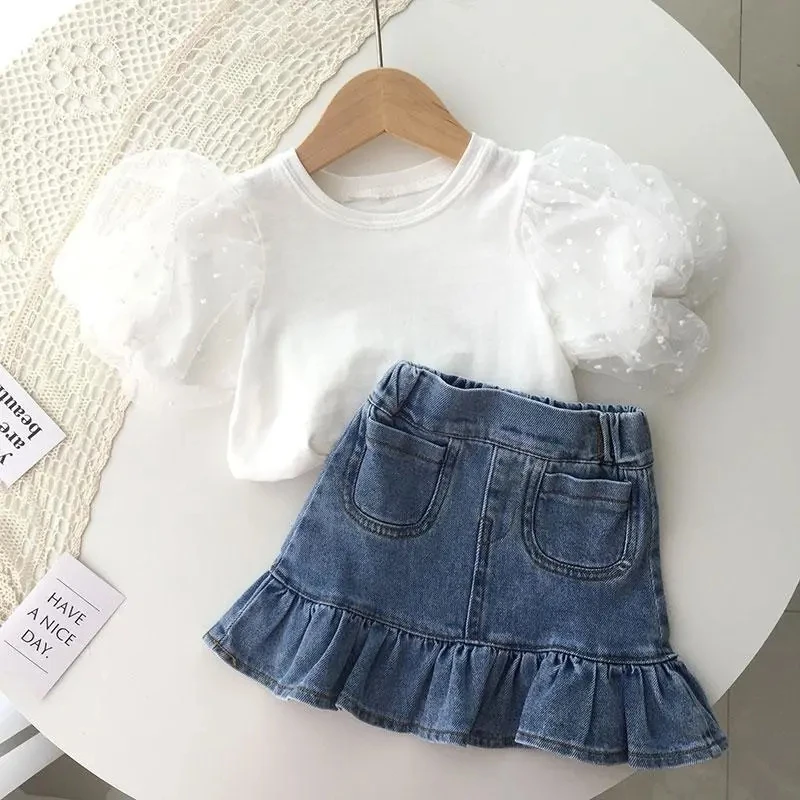 Top Trends: Girls Baby Summer Half-length Denim Skirt Set Children's Bag Hip Skirt Fishtail Skirt Short-sleeved T-shirt Two-piece Set Shoppable Styles