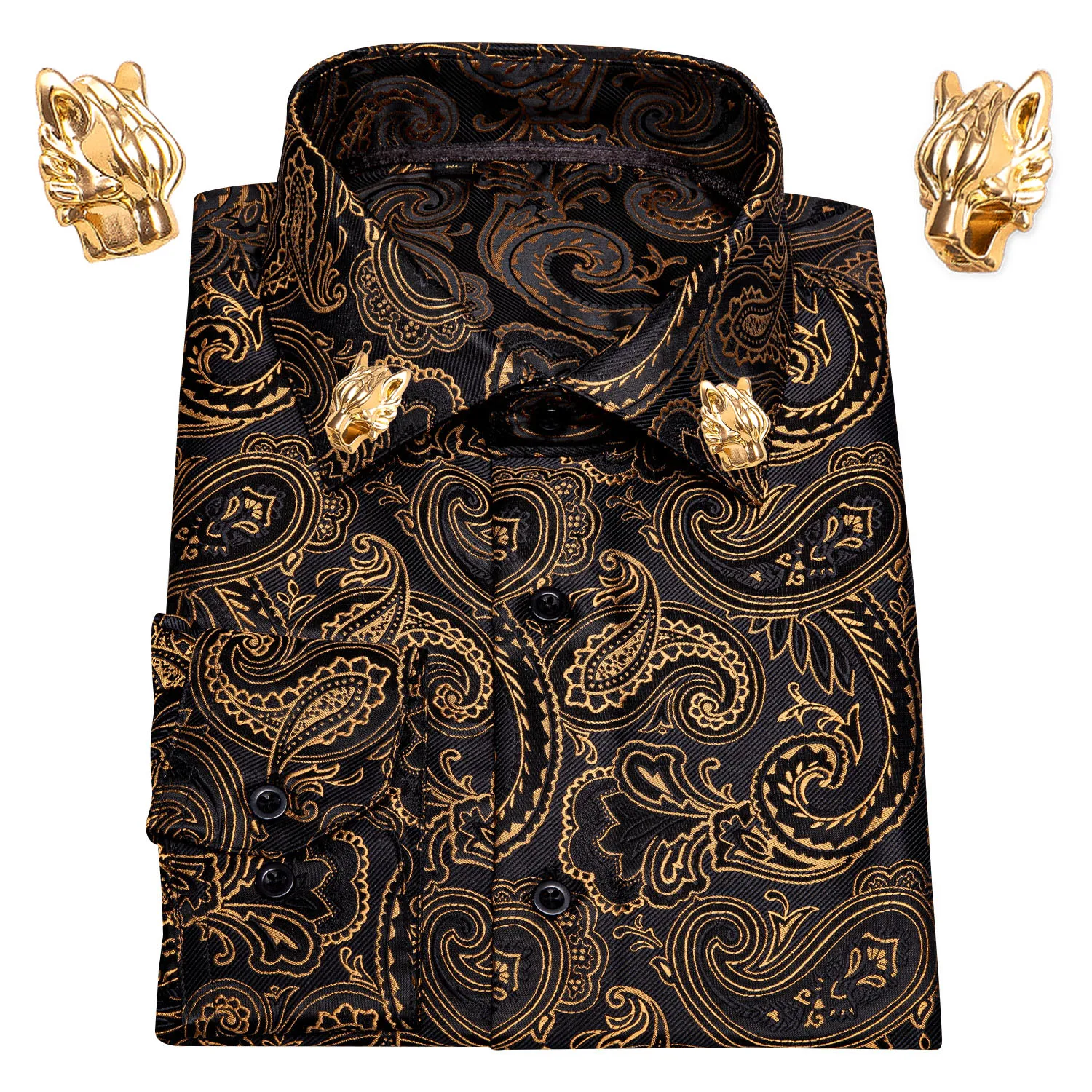 Top Trends: Gold Paisley Silk Men Shirts Long Sleeve Casual Flower Shirts For Men Dress Shirts Barry.Wang Designer Leopard Collar Pin Shoppable Styles