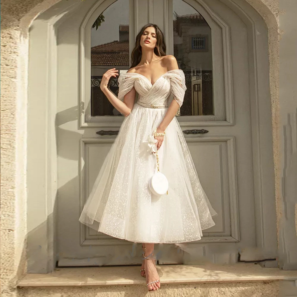 Top Trends: Bling Glittter Boho Wedding Dresses For Women 2022 Sweetheaart Tulle Point Net Tulle Beach Short Bridal Gown Cheap Civil Shoppable Styles