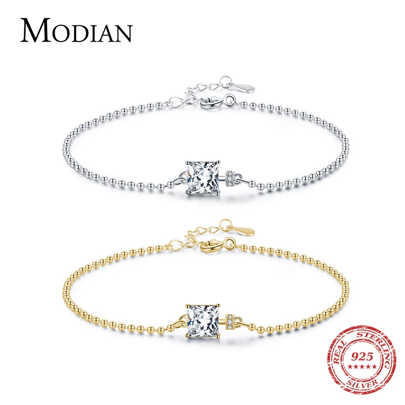 Top Trends: Modian Classic Square Clear CZ Bracelets Solid 925 Sterling Silver Charm Beads Chain Bracelet For Women Wedding Fine Jewelry Shoppable Styles