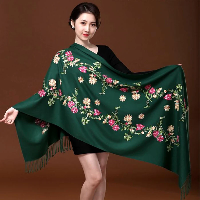 Top Trends: New Green Embroider Flower Pashmina Cashmere Scarf For Women Winter Warm Long Tassels Scarf Shawl Fashion Shawl Scarves Warps Shoppable Styles