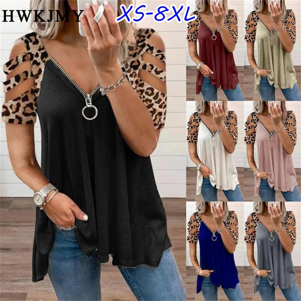 Top Trends: Summer Women&#039;s Clothing Casual Leopard Off Shoulder Short Sleeved Tops V-neck Zipper T-shirt Ladies Tee Loose Shirts Shoppable Styles