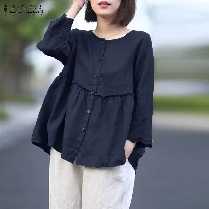 Top Trends: ZANZEA Solid Cotton Linen Blusas Women&#039;s Blouse Summer 3 / 4 Sleeve Lace Crochet Shirt Elegant Buttons Down Tops Ruffles Chemise Shoppable Styles