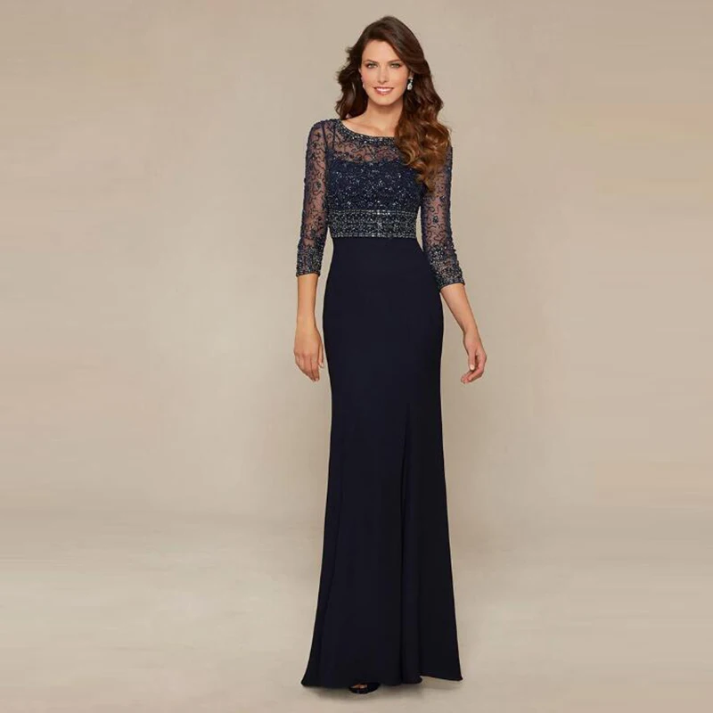 Top Trends: Gorgeous Dark Navy Chiffon O Neck Beading Mother Of The Bride Dresses With Three Quarter Sleeve Wedding Guest Gowns 2022 On Sale Shoppable Styles