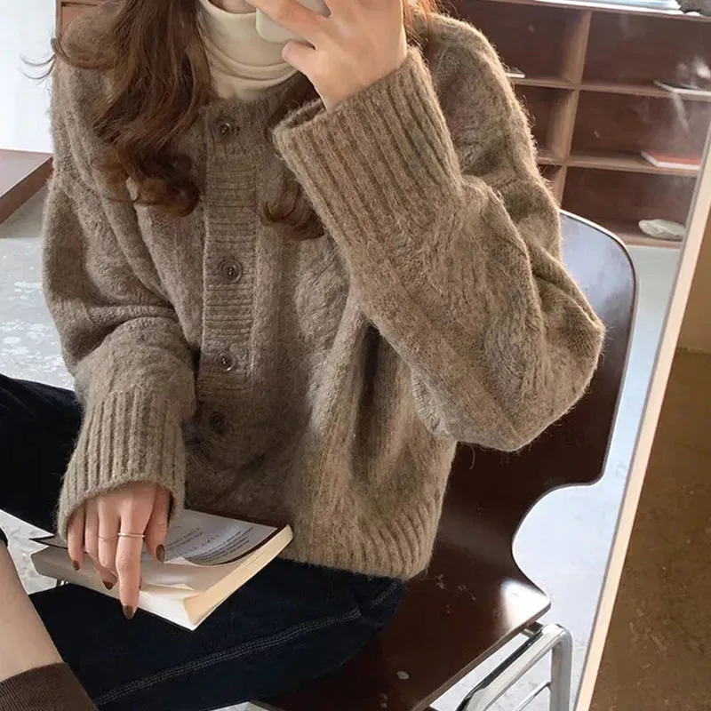 Top Trends: Women Sweaters Korean Fashion Casual Autumn Winter Thick O Neck Long Sleeve Cardigan Solid Knitted Tops Loose Outerwear Femme Shoppable Styles