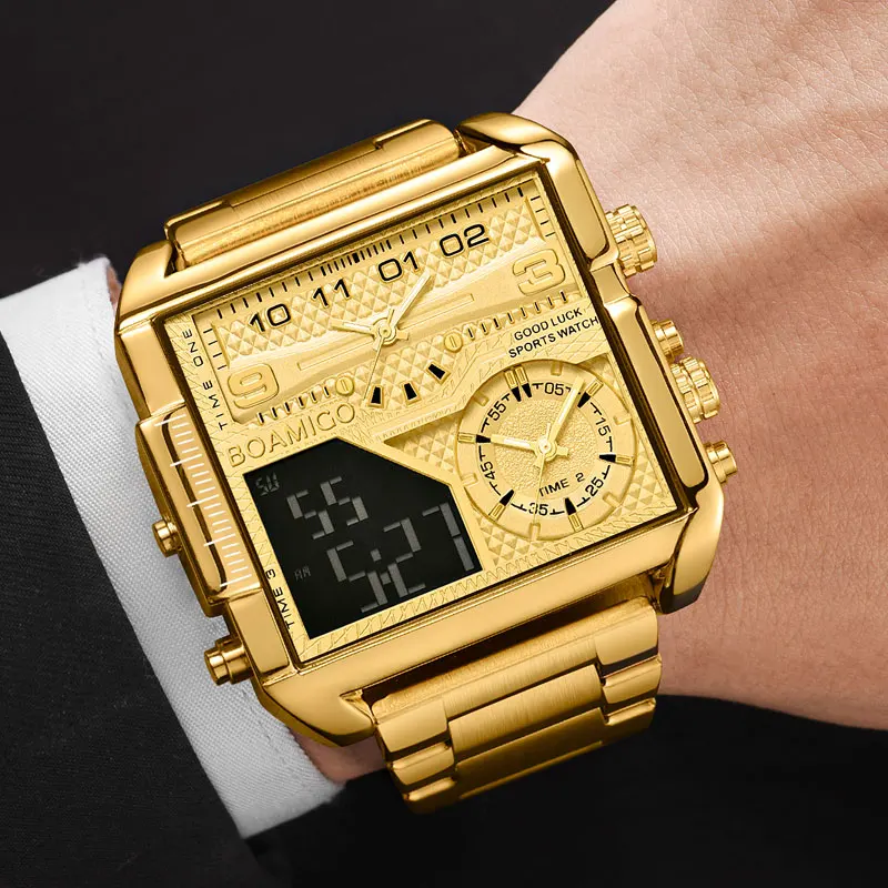 Top Trends: BOAMIGO Top Brand Luxury Fashion Men Watches Gold Steel Sport Square Digital Analog Big Quartz Watch For Man Relogio Masculino Shoppable Styles