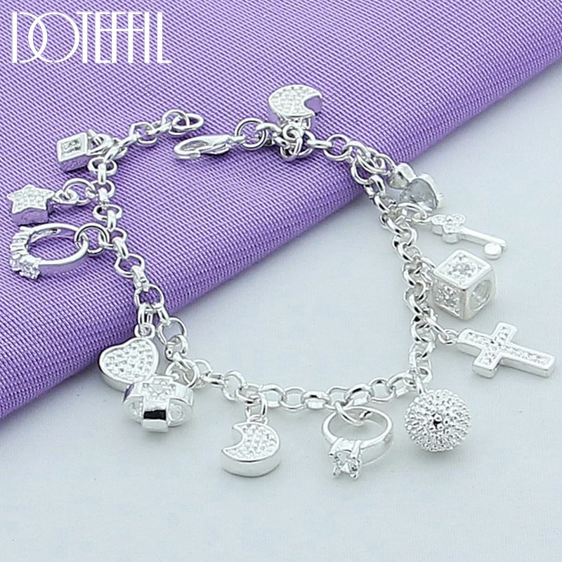 Top Trends: DOTEFFIL 925 Sterling Silver 24K Gold Moon Heart Lock Cross Bracelet For Men Woman Charm Wedding Party Fashion Jewelry Shoppable Styles