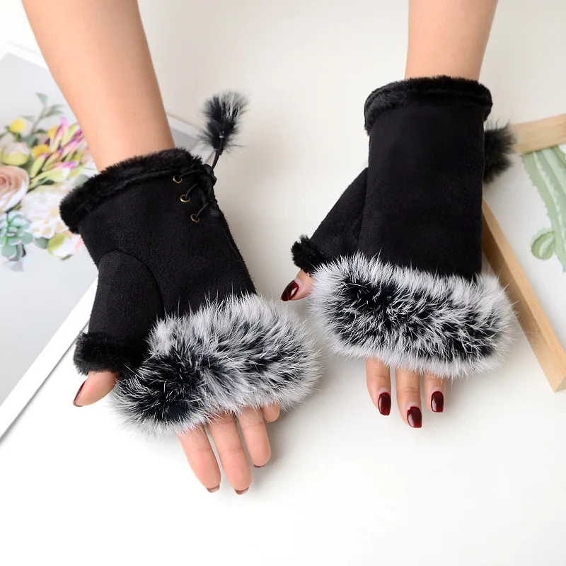 Top Trends: New Fashion Rabbit Fur Women Winter Gloves Suede Leather Half Finger Mittens Cute Furry Warm Gloves Women OUtdoor Skiing Gloves Shoppable Styles