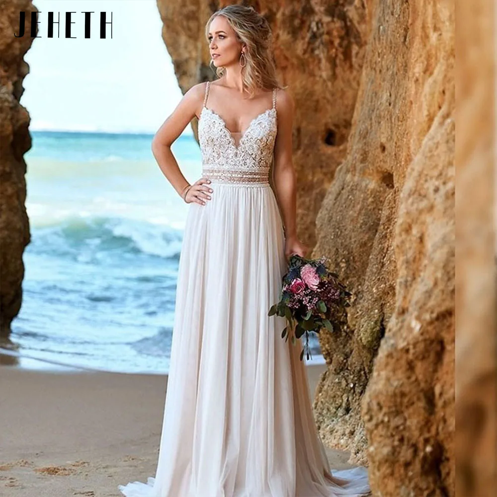 Top Trends: JEHETH Simple Backless Chiffon V-Neck Bohemian Wedding Dress For Bride Lace Applique Sleeveless Beach Bridal Gown Robe De Mariée Shoppable Styles