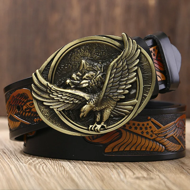 Top Trends: Western Denim Personality Fashionable Leather Belt Men's Casual Male Eagle Buckle Carving Craft Belt Shoppable Styles