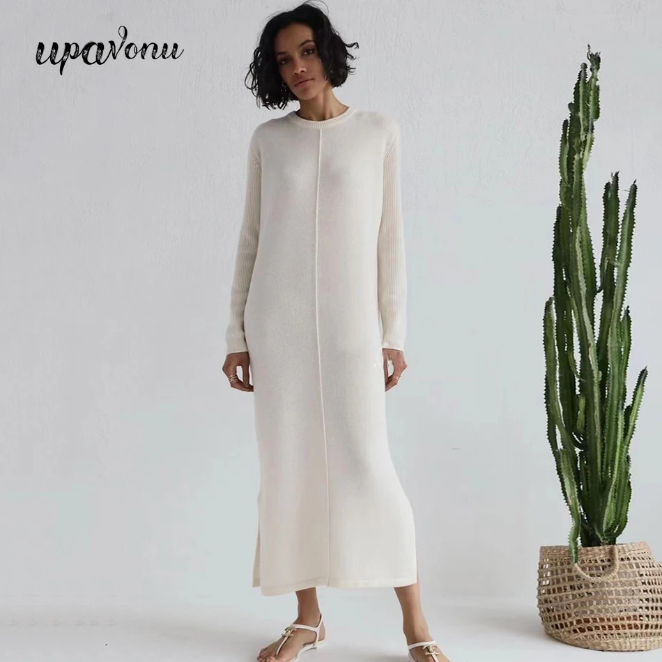 Top Trends: Casual Midi Knit Dress Women's O-neck Long Sleeve Split Straight Dresses 2023 New Autumn Pure Color Knit Vestidos Shoppable Styles