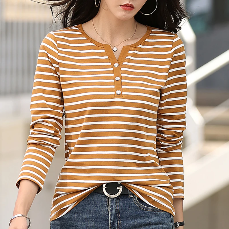 Top Trends: Button Striped V Neck T Shirt Women Long Sleeve Tees Cotton T Shirts Korean Fashion Clothes Tops Tee Shirt Femme Poleras Mujer Shoppable Styles