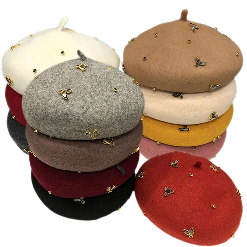 Top Trends: VISROVER Winter Wool Beret With Crystal Bee Female Wool Cap Winter Autumn Spring Hat Solid Color Top Quality Women Boina Shoppable Styles