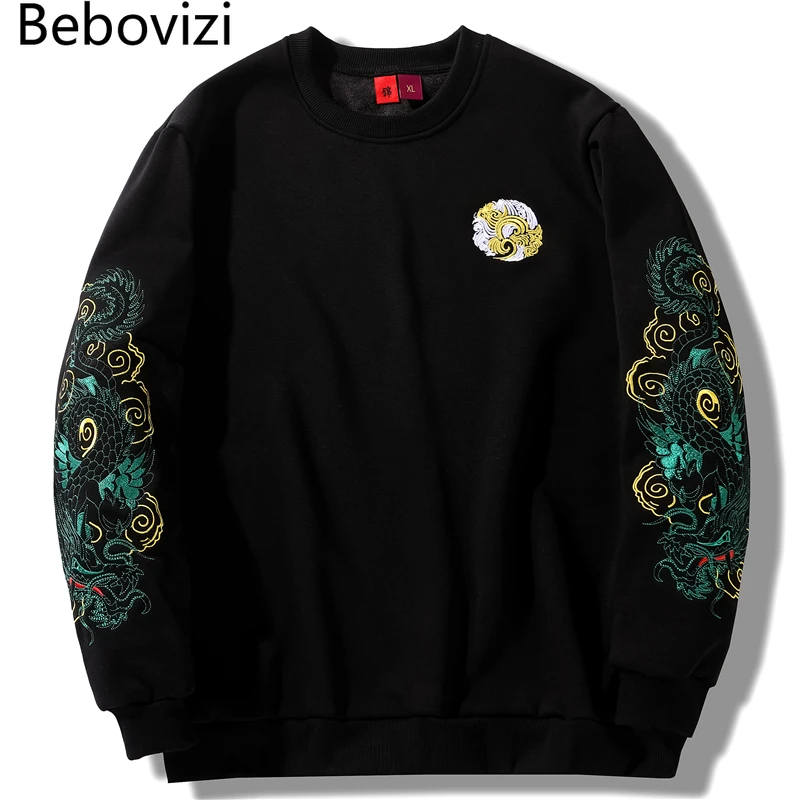 Top Trends: Bebovizi Chinese Green Dragon Embroidery Fleece Hoodie Fashion Mens Streetwear Harajuku Pullover Casual Hooded Hoodie Japan Top Shoppable Styles