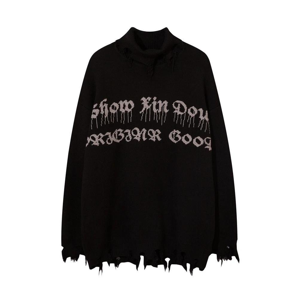 Top Trends: Half High Collar Gothic Women Y2k Knitted Sweaters Oversize Long Sleeve Pullovers Ripped Sweater Harajuku Winter Streetwear Tops Shoppable Styles