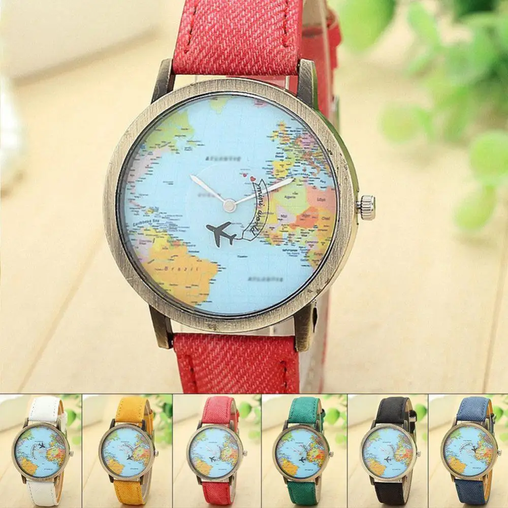 Top Trends: Hot Denim Band Plane World Map Dial Analog Quartz Fashion Men Women Wrist Watch Gift Shoppable Styles